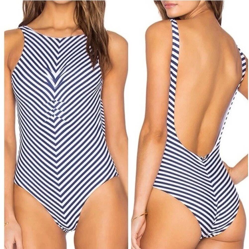 Mia Marcelle Chloe One Piece Swimsuit Large Navy White Stripe High Neck Low Back